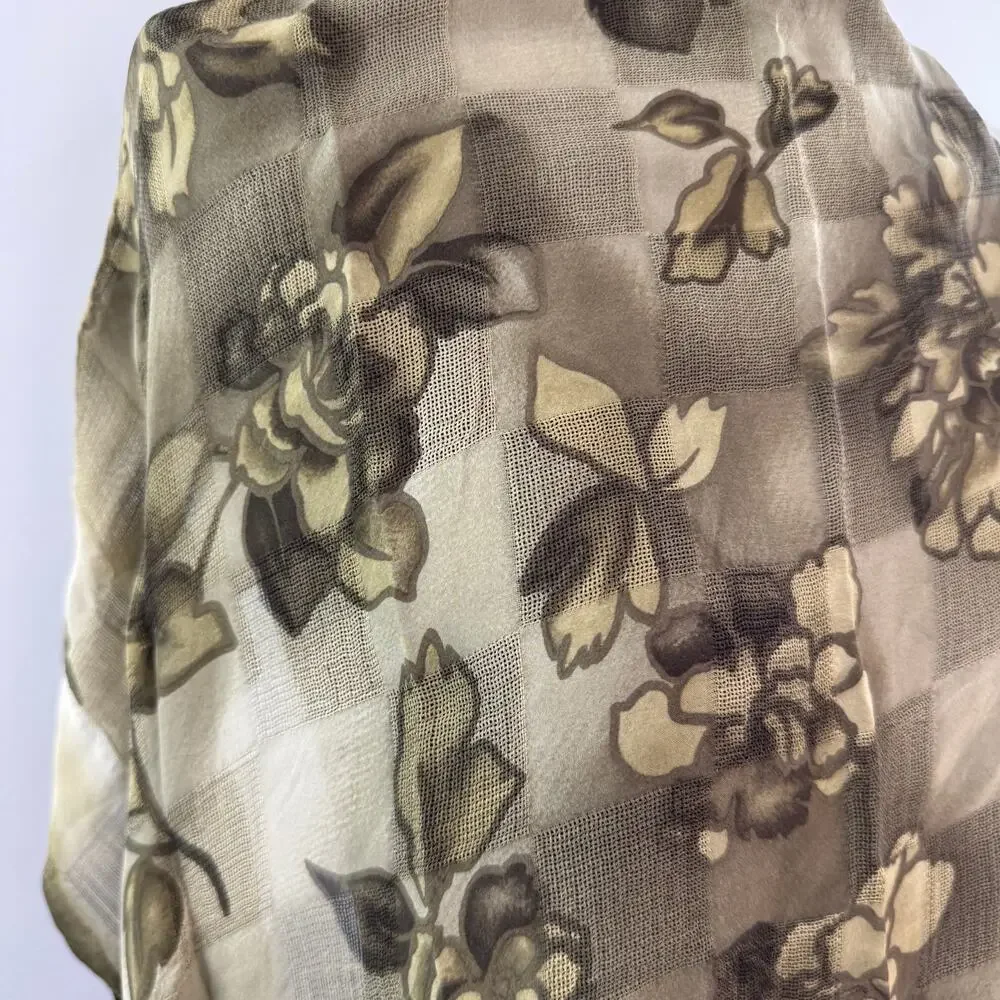 VTG Yves Saint Laurent Brown Beige Square Scarf Floral Check Neutral VINTAGE
